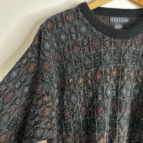Vtg Jantzen Sweater Mens L Black Multicolor Textured Knit‎ Crewneck Grunge 90s - Picture 3 of 10